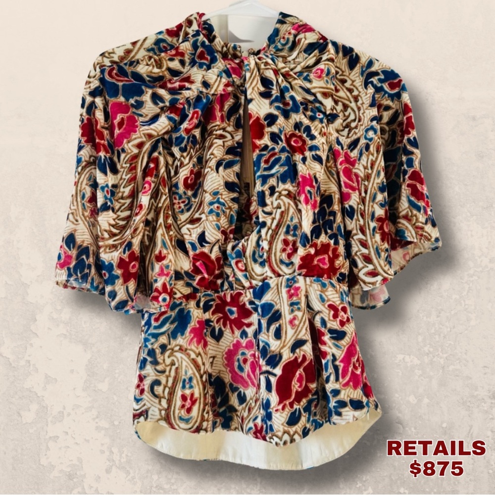 ❗️ ISABEL MARANT Mucio knotted printed velvet  peplum top Size 34 US Size 2